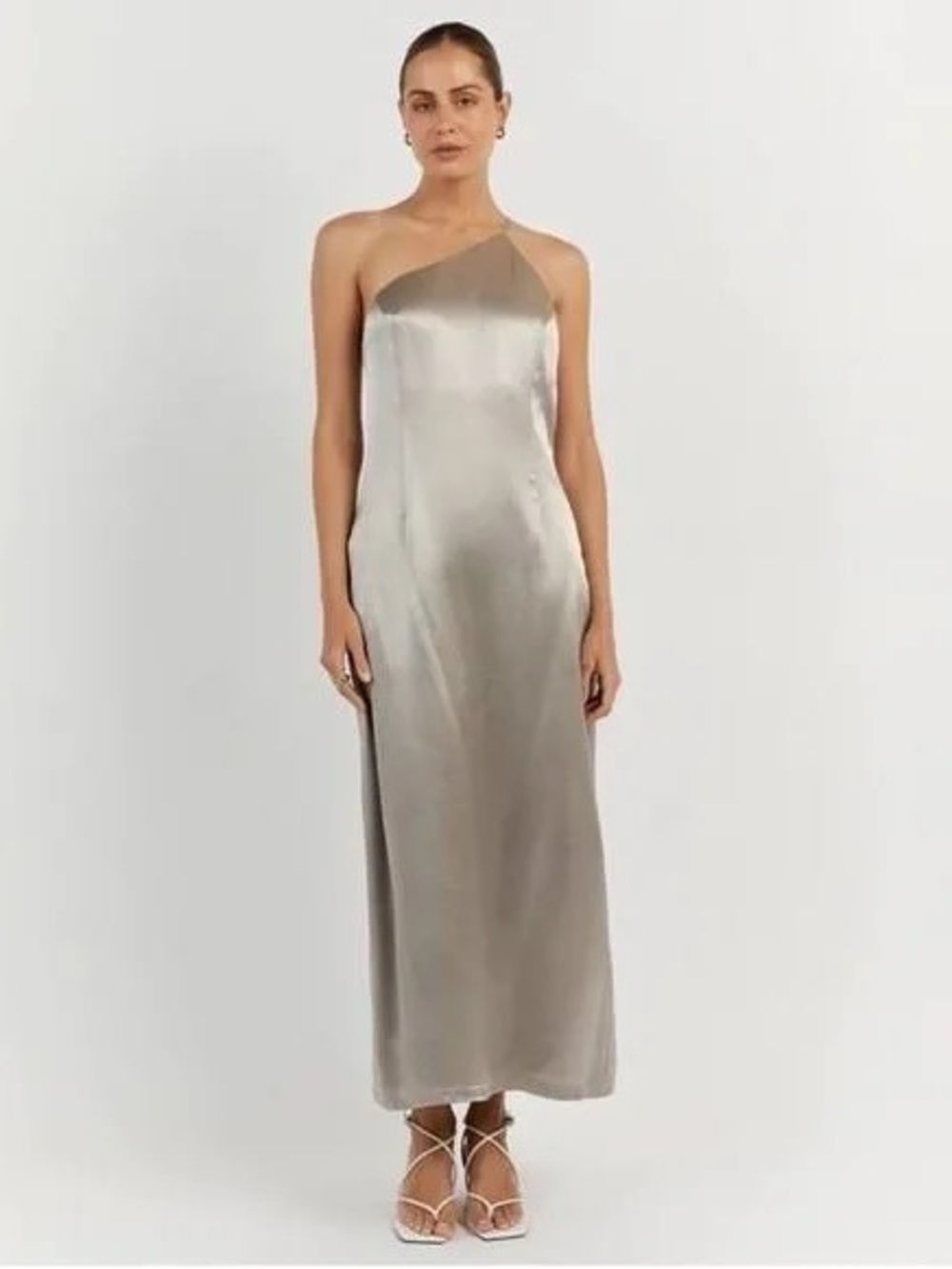 Dissh Rio Pewter Grey One Shoulder Satin Midi Dress